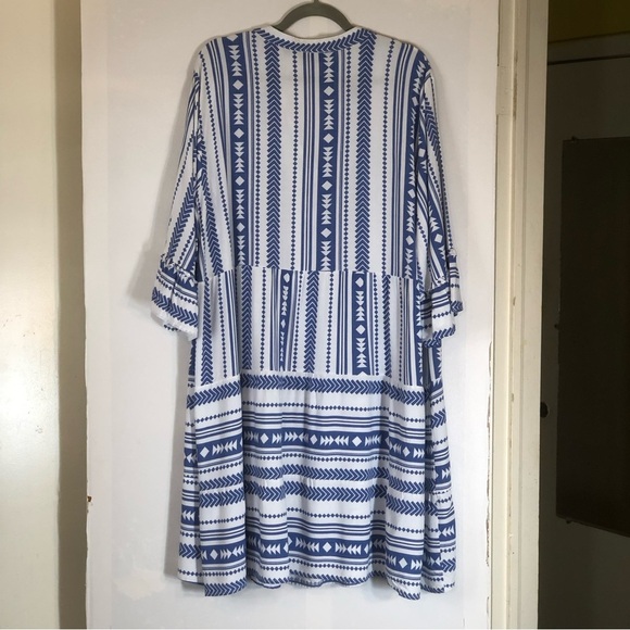 Mlle Gabrielle Aztec Notch Neck Tiered Midi Dress - Blue-3X - Picture 10 of 12